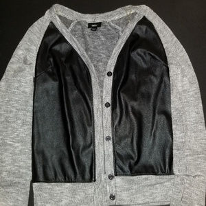 black leather front panel gray sweater cardigan